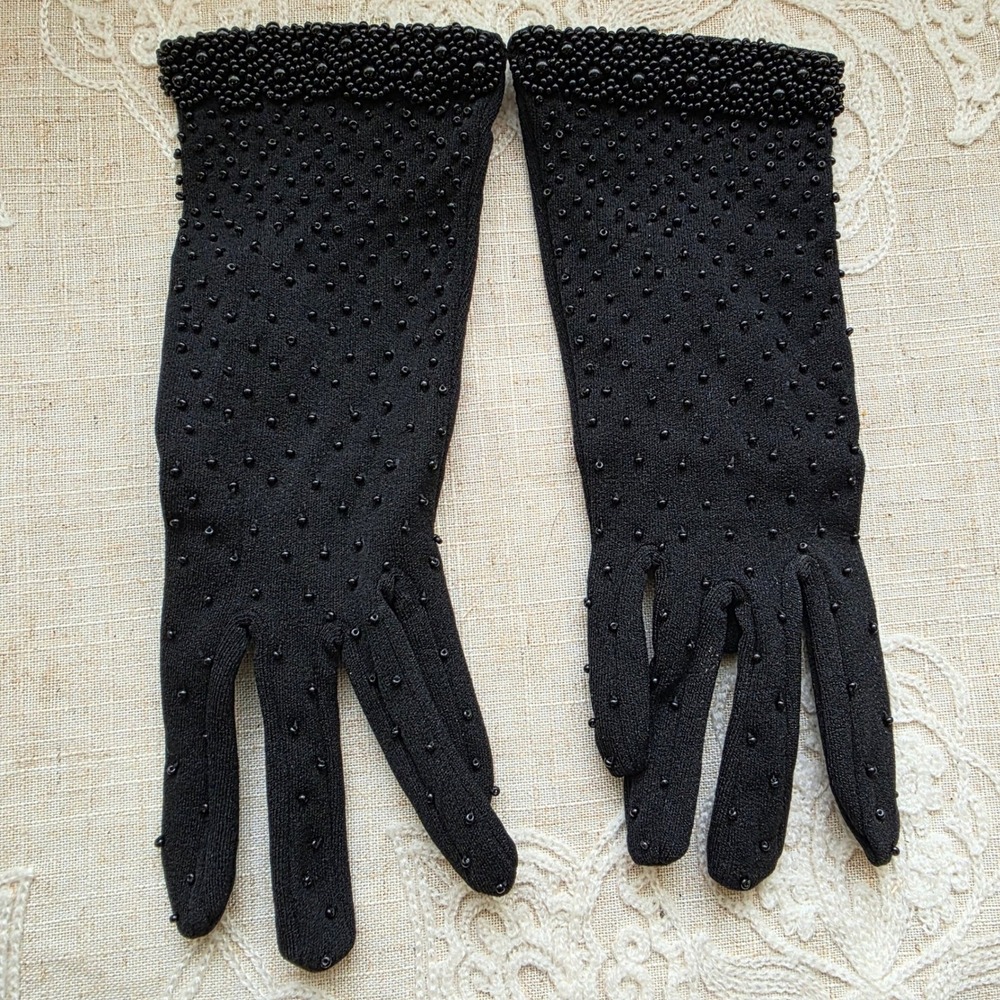 Lady Elaine Beaded Evening Gloves One Size Black Stretch Nylon Vintage, New